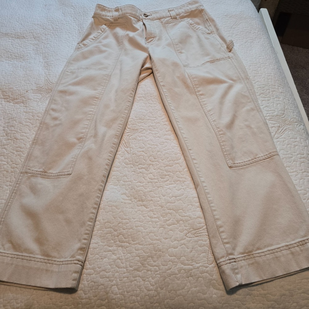 Old Navy Cargo Carpenter Jeans Womens 14 Cream High-Rise Straight Double Knee